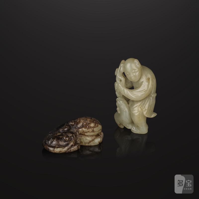 十七/十八世紀 灰黑玉臥獸 及 青白玉童子 | DEUX GROUPES EN JADE SCULPTÉ - 图10